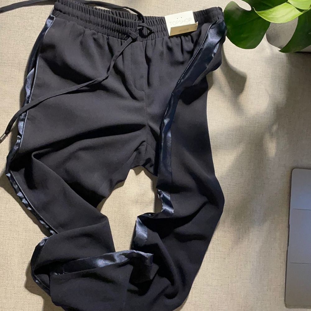 Navy blue formal joggers with satin side stripe